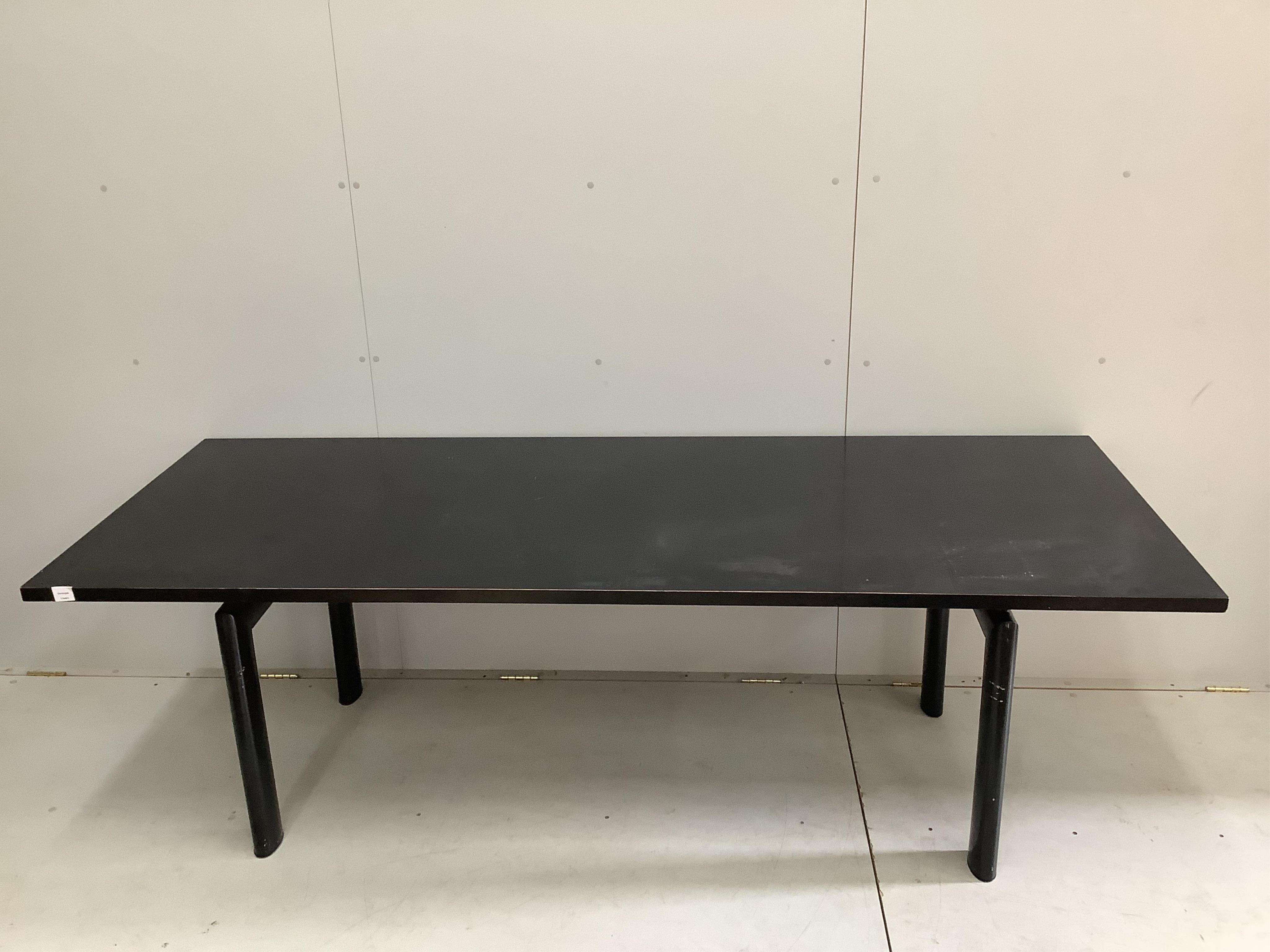 A Corbusier design LC6 style black ash dining table, width 225cm, depth 85cm, height 69cm